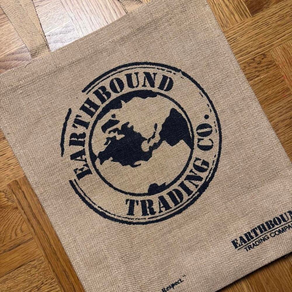 Earthbound Trading Co Burlap Jute Reusable Tote Bag Globe Logo